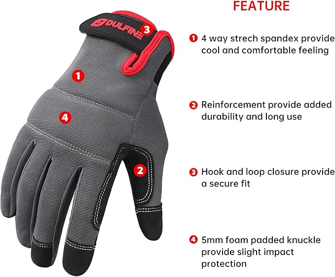 DULFINE Flex Grip Mechanic Work Gloves for Men,Black and Red Utility Safety Working Gloves Touch Screen,Excellent Grip,Ideal for Working on Cars and Outdoor Jobs(Medium)-VerdiqueGarden
