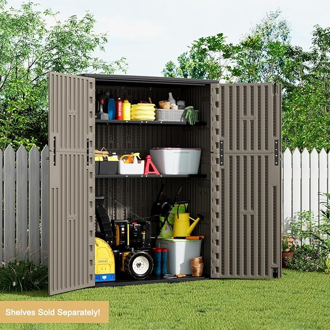 KINYING Outdoor Vertical Storage Shed,57 Cu.ft Outdoor Storage Cabinet Waterproof,Resin Sheds & Outdoor Storage Clearance for Garden,Patio,Backyard,Lockable (Brown)-VerdiqueGarden