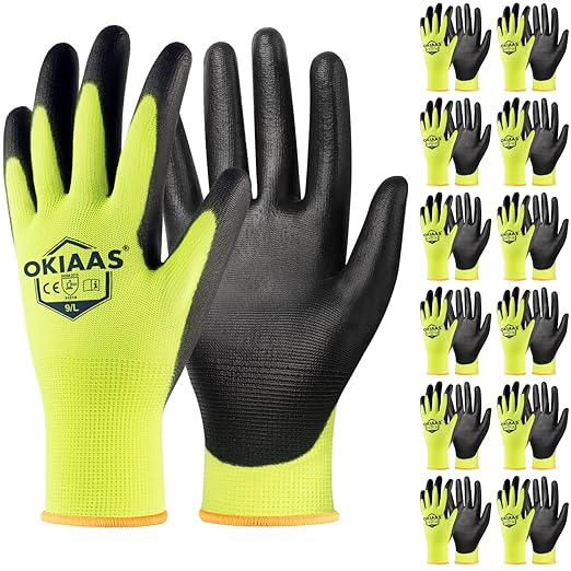 OKIAAS Work Gloves for Men，Ultra Thin and Lightweight Working Gloves with Grip, 12 Pairs Bulk Pack Construction Gloves with Polyurethane Coating, Safety Gloves for Light Duty Work (Green, Large)-VerdiqueGarden