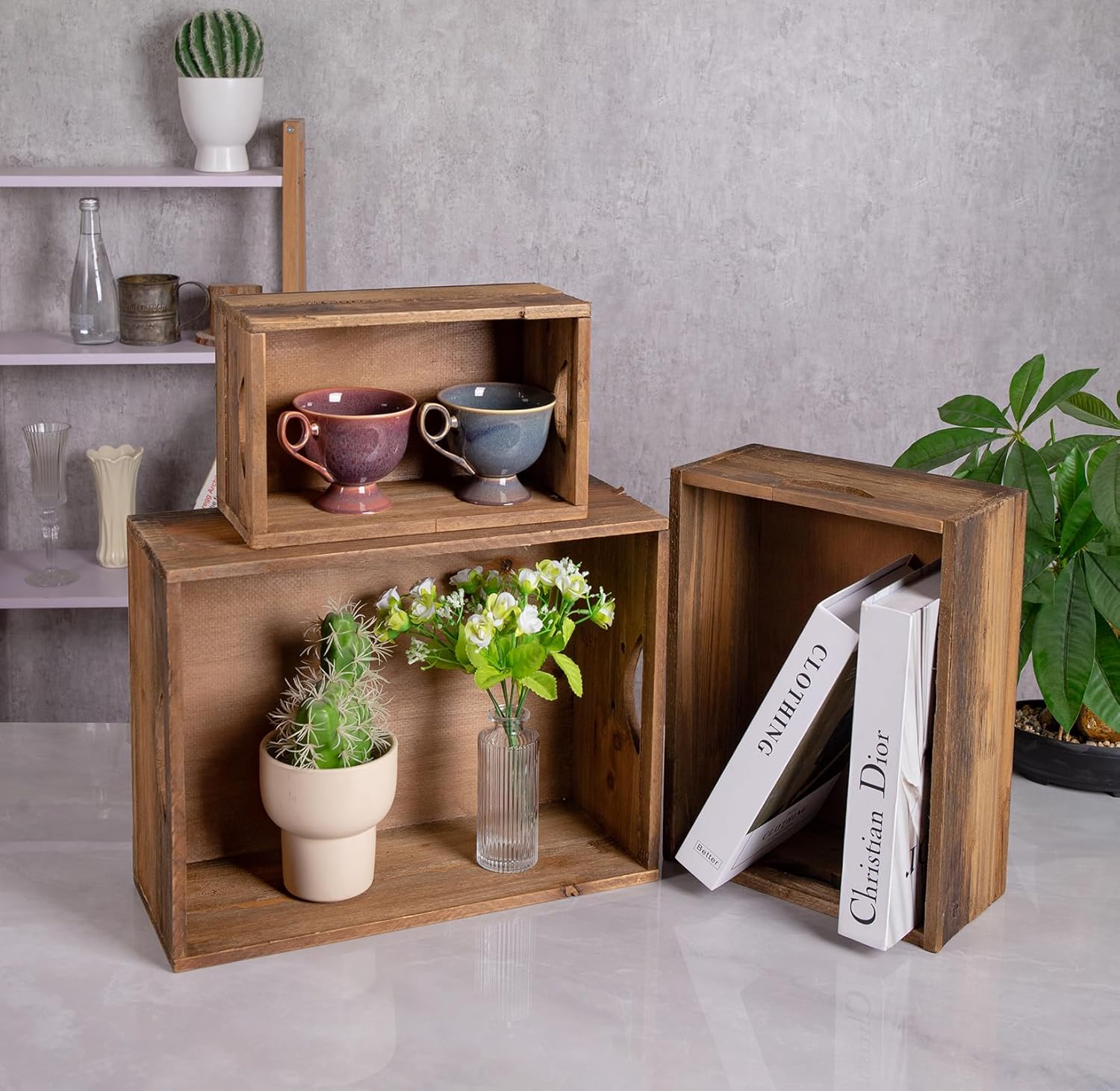 TIMRIS Set of 3 Rustic Distressed Wood Nesting Crates, Farmhouse Decorative Wooden Storage Boxes, Vintage Reclaimed Wood Baskets for Display (Natural)-VerdiqueGarden