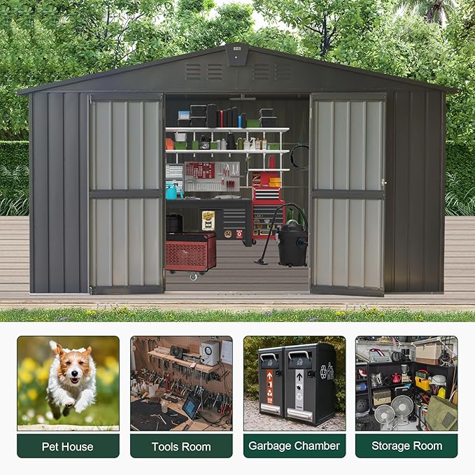 Domi Outdoor Storage Shed 11' x 9', Metal Steel Utility Tool Shed Storage House with Double Lockable Doors & Air Vents for Backyard Patio Garden Lawn Dark Grey-VerdiqueGarden
