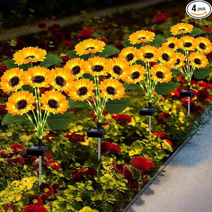 Solar Lights Outdoor Garden Decor,4 Pack with 24 Sunflower Lights,Solar Flowers Lights Waterproof,Sunflowers Gifts for Mom Women Grandma Birthday,Decorative Stakes Lights for Landscape Yard Patio Lawn-VerdiqueGarden