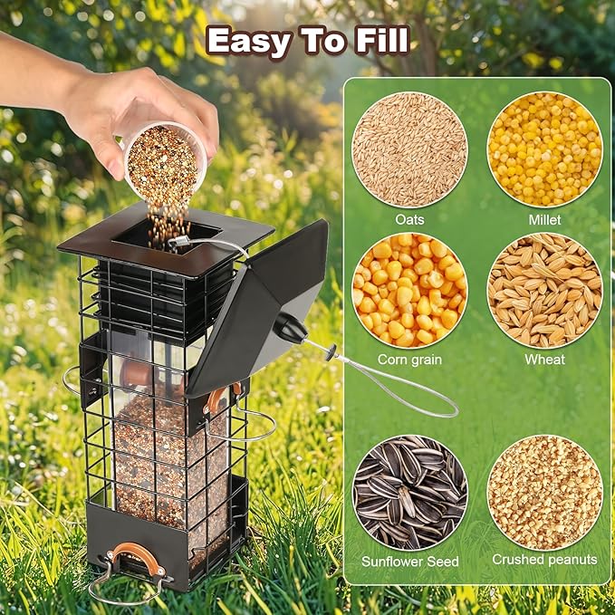 Squirrel Proof Bird Feeder - Metal Outdoor Design with 4 Feeding Ports, Wild Bird Feeders for Outside, 2.5lb Large Capacity, Ideal Gift for Bird Lovers-VerdiqueGarden