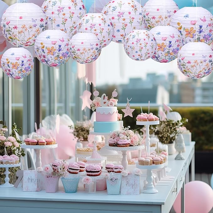 Riakrum 12 Pcs Wildflower Paper Lantern Set Floral Party Decorations Flower Paper Round Lanterns Wildflower Lantern Kit for Spring Baby Shower Bridal Shower Wedding Birthday Tea Party Supplies-VerdiqueGarden