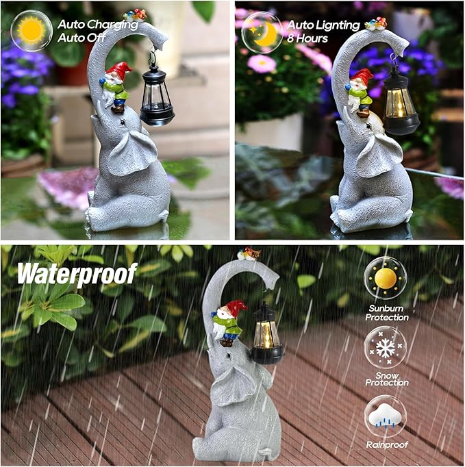 Elephant Statues Garden Decor - Lucky Elephant Outdoor Statues with Solar Powered Lantern, Elephant Statue Gifts for Women,Resin Yard Art for Outdoor & Home Decor(11" Elephant)-VerdiqueGarden