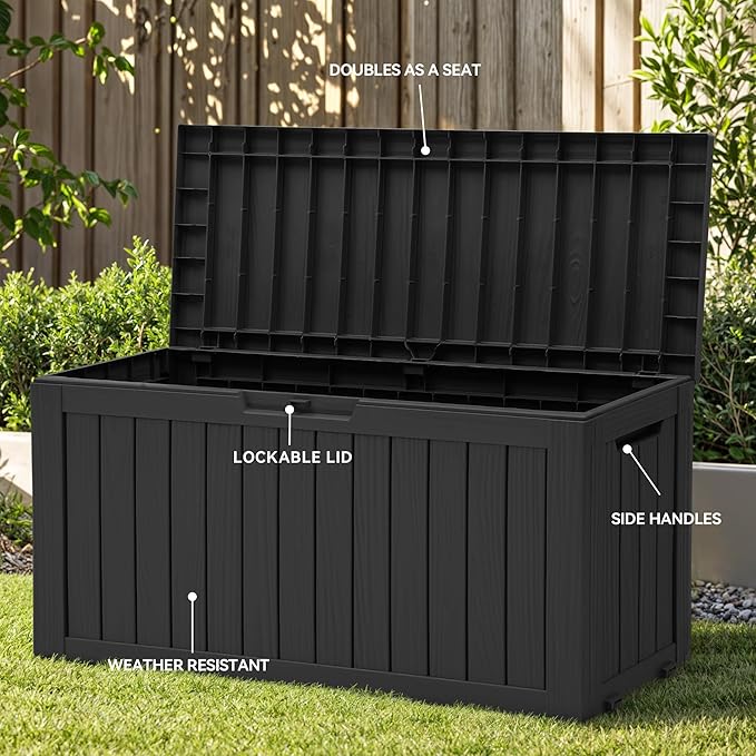 YITAHOME 72 Gallon Outdoor Resin Deck Box with Wheels, Pool Storage Box for Outdoor Cushions, Sports Equipment, Garden Tools, Black-VerdiqueGarden