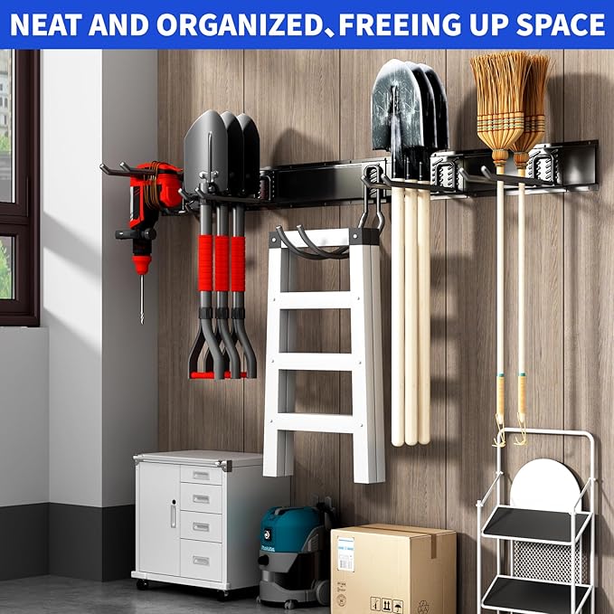 Garage Organization Tool Organizer Wall Mount, 64inch Heavy Duty Garden Tool Organizer Storage System, Easy Install with 10 Adjustable Hooks, for Garage, Basement, Shed, Workshop(Black)-VerdiqueGarden