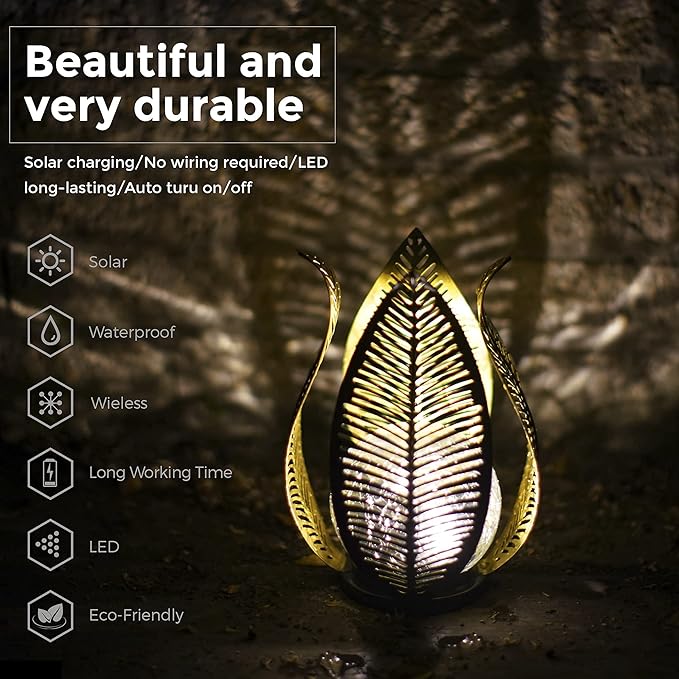 Solar Garden Lights Waterproof Decorations,Crackle Globe Glass,Metal Palm Leaf Solar Lights for Outdoor Decor On Garden,Patio,Yard,Front Porch,Tabletop Lamp-Perfect Gifts-VerdiqueGarden