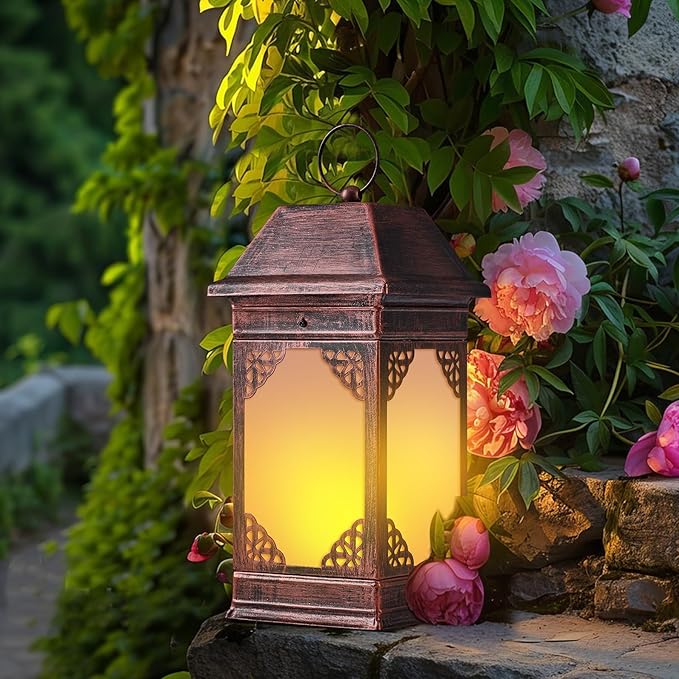 14" Solar Lanterns Outdoor Waterproof, Glass Flickering Flame Solar Lantern, Hanging Metal Lantern Decorative for Patio Front Porch Garden Backyard Tabletop Party Decoration-VerdiqueGarden