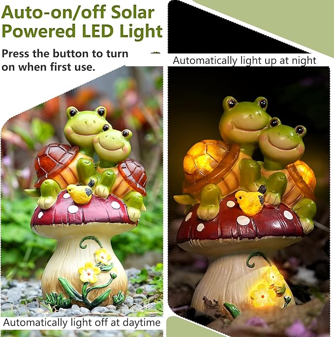 Solar Light Turtle Garden Statue, Turtle on Mushroom Figurine, Lovely Tortoise Garden Statue with 5 LED Lights for Patio, Balcony, Yard, Housewarming, Lawn Ornament, Outdoor Lawn Decor-VerdiqueGarden