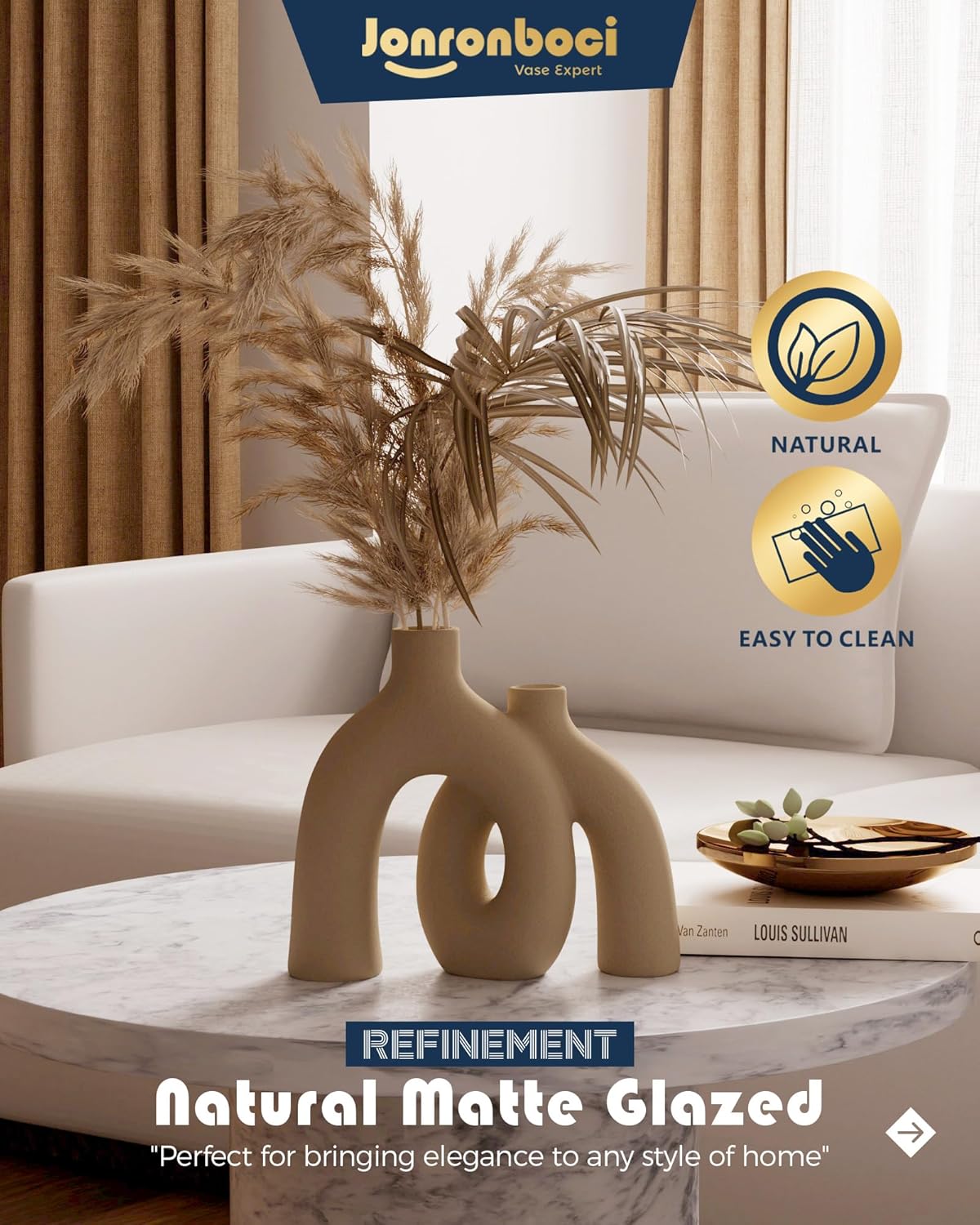 Hug Donut Decorative Vase Set - Tan Modern Rustic Farmhouse Style Vases Home Decor,Matte Ceramic Decorations for Living Room Shelf, Bookshelf Mantle Entryway Table Centerpiece or Console Décor(Brown)-VerdiqueGarden