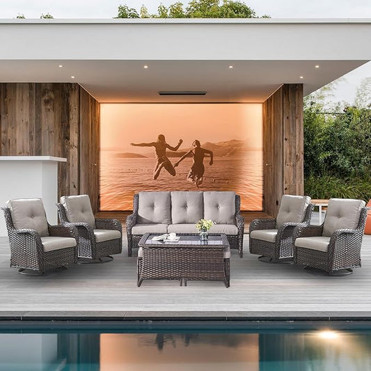Wicker Patio Furniture Sets - 8 Piece Outdoor Rattan Furniture Conversation Sets with 4 Swivel Rocker Chairs, Rattan Sofa, Wicker Ottomans and Coffee Table, Brown/Grey Cushion-VerdiqueGarden