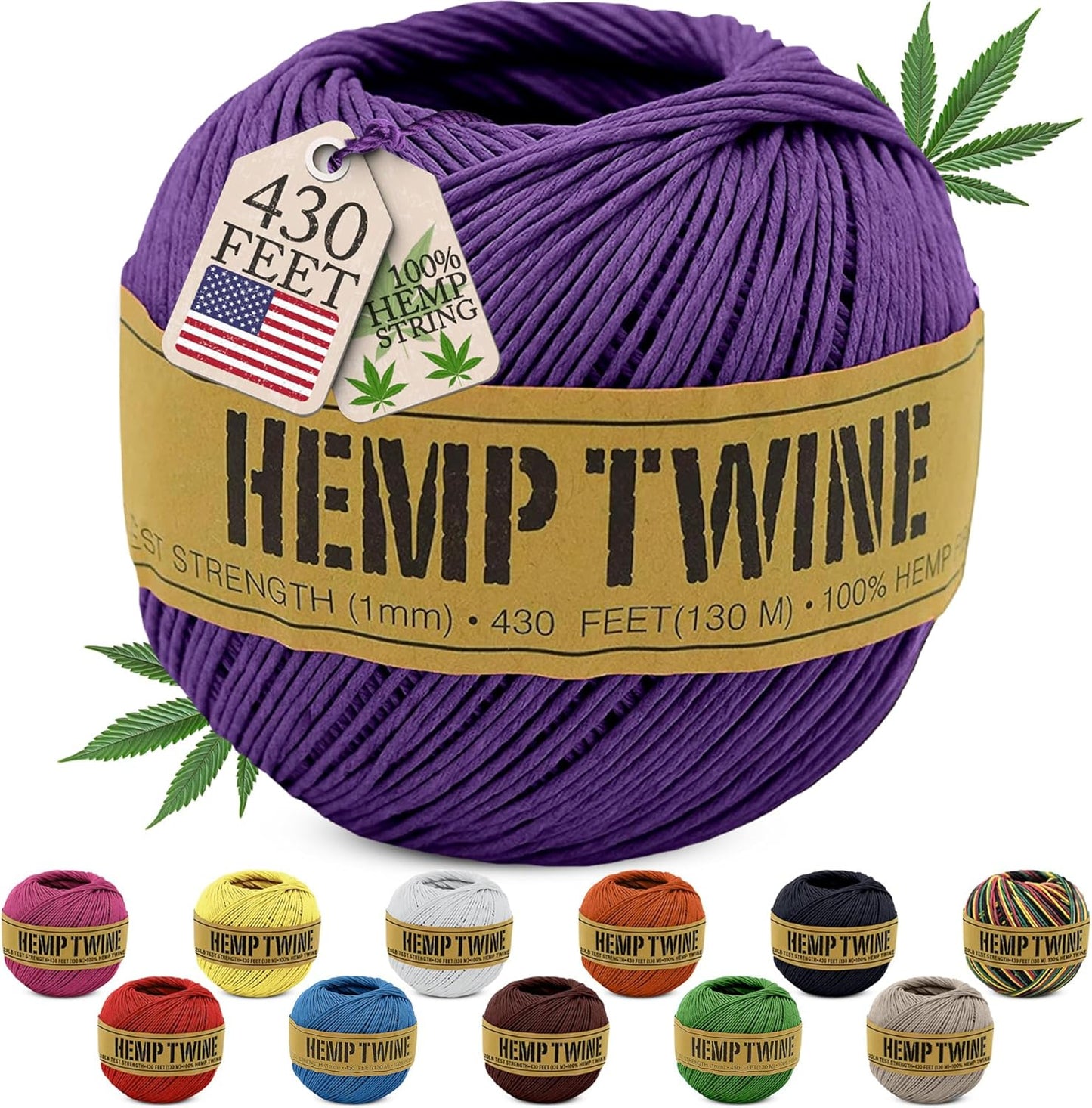 Hemp Twine for Gardening - Twine for Crafts - Organic Natural Hemp String for Jewelry Making - Strong Durable Cord for Decoration, Macrame + Cooking - 1MM, 100G/430 Ft. - 20 lb. Test Strength - Purple-VerdiqueGarden
