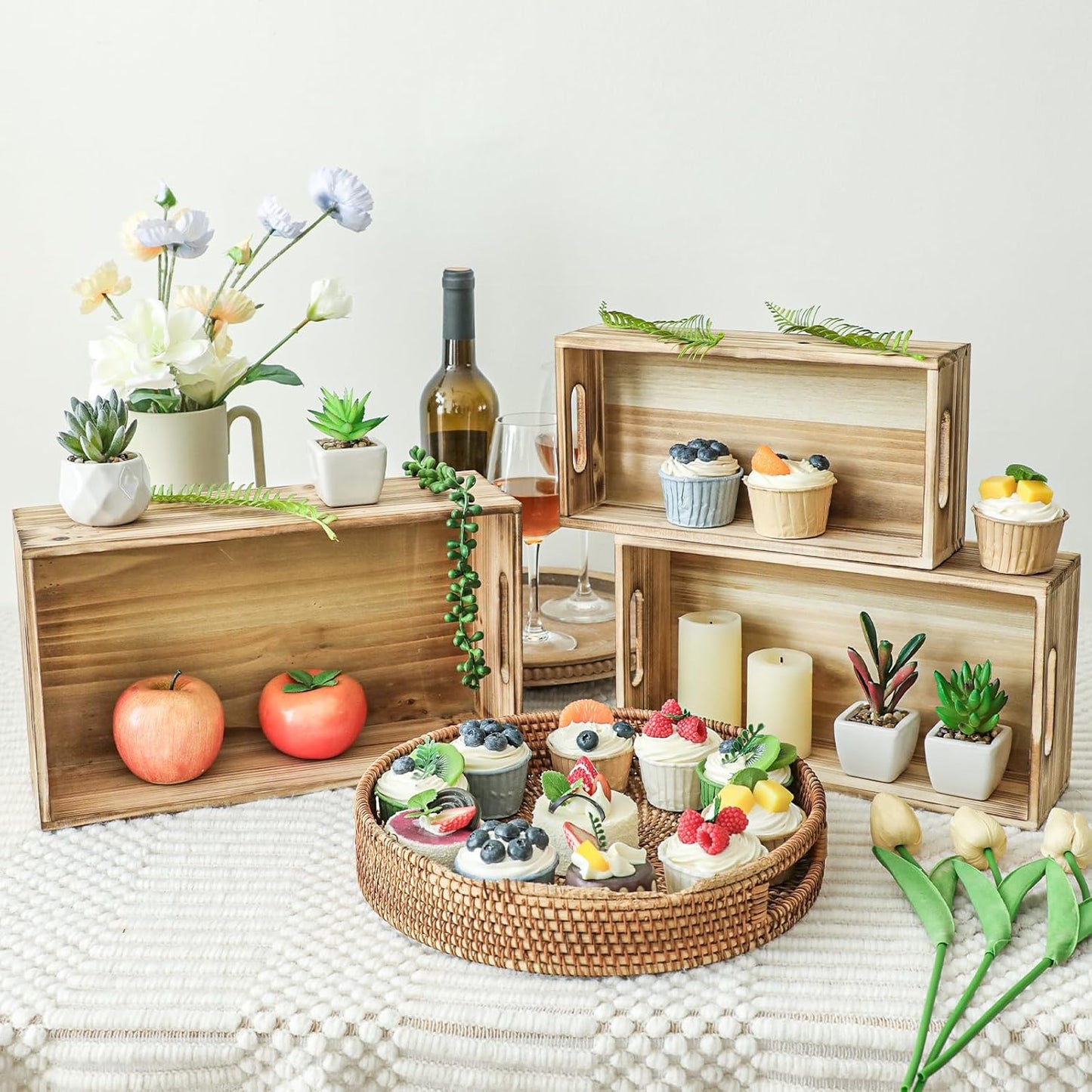 Wooden Boxes, Large Wooden Crates Set of 3 Vintage Torched Brown Wood Storage Crates for Display Home Party Office Bedroom Kitchen Closet-VerdiqueGarden