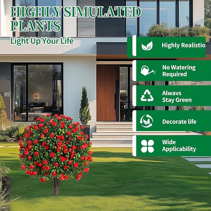 Artificial Rose Topiary Trees, 17 Inch UV-Resistant Red Flowers, Set of 2 with Ground Stakes, Indoor Outdoor Decorative Plants-VerdiqueGarden