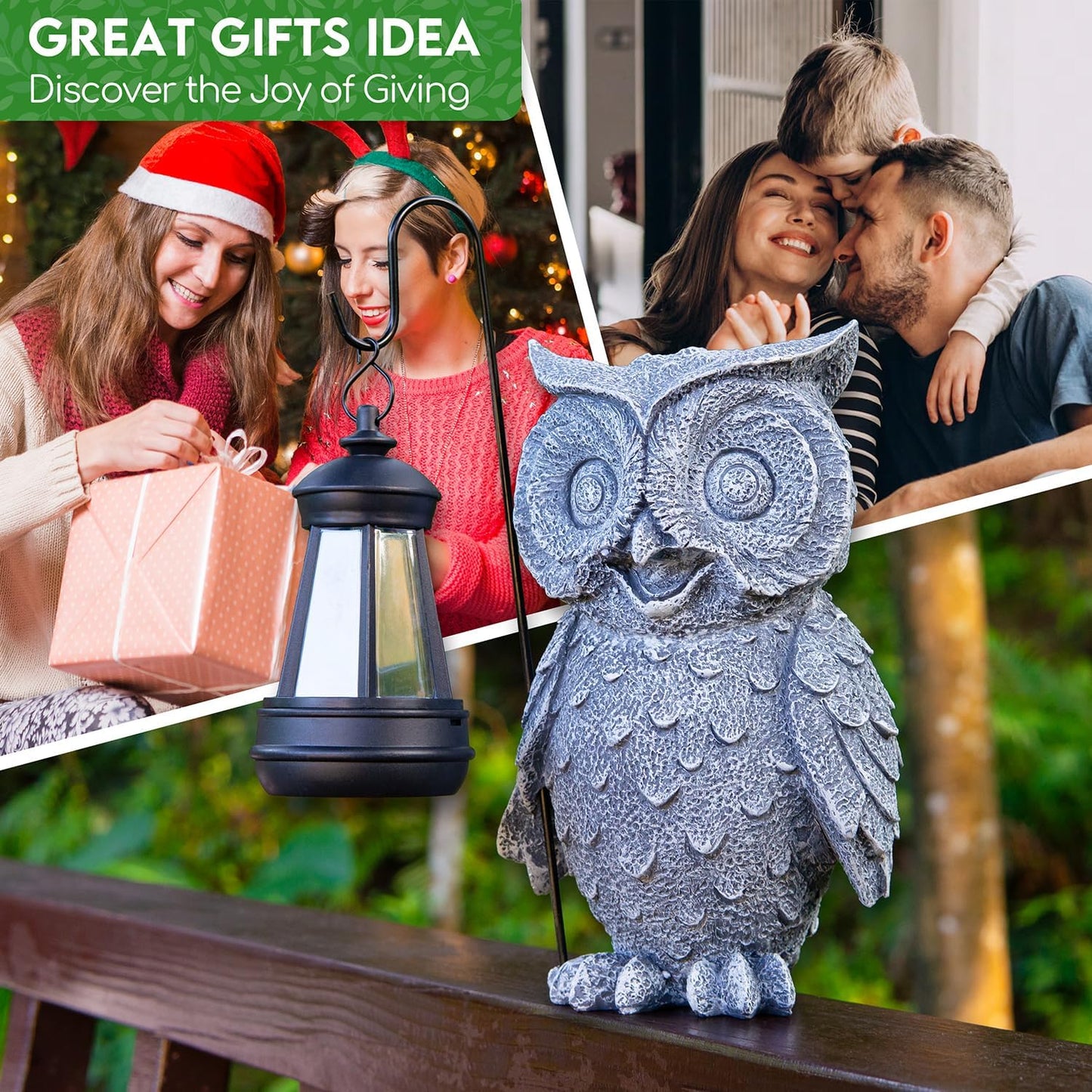 Owl Solar Garden Outdoor Statues, Resin Owl Figurine Decorations with Solar Lights Lantern for Patio, Balcony, Home, Yard Art, Lawn Ornaments, Porch, Garden Gifts for Grandma Mom Women-VerdiqueGarden