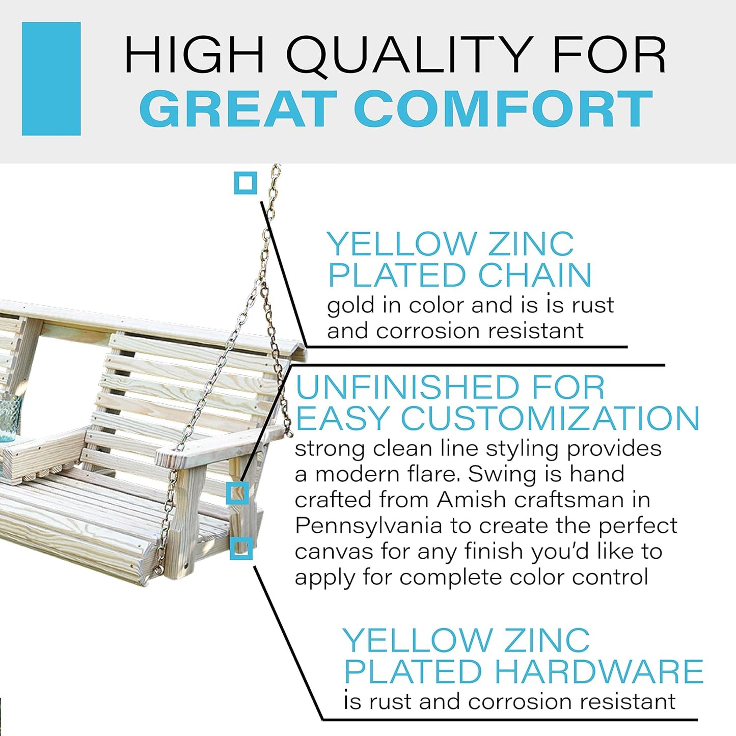 Porchgate Amish Heavy Duty Console Porch Swing with Fold Down Cup Holders in Unfinished - Amish Made in The USA from Treated Pine, Hanging Chains Included-VerdiqueGarden