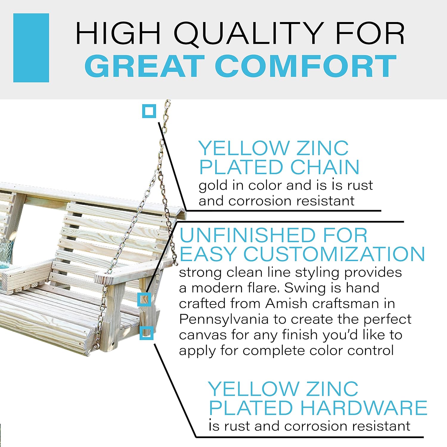 Porchgate Amish Heavy Duty Console Porch Swing with Fold Down Cup Holders in Unfinished - Amish Made in The USA from Treated Pine, Hanging Chains Included-VerdiqueGarden