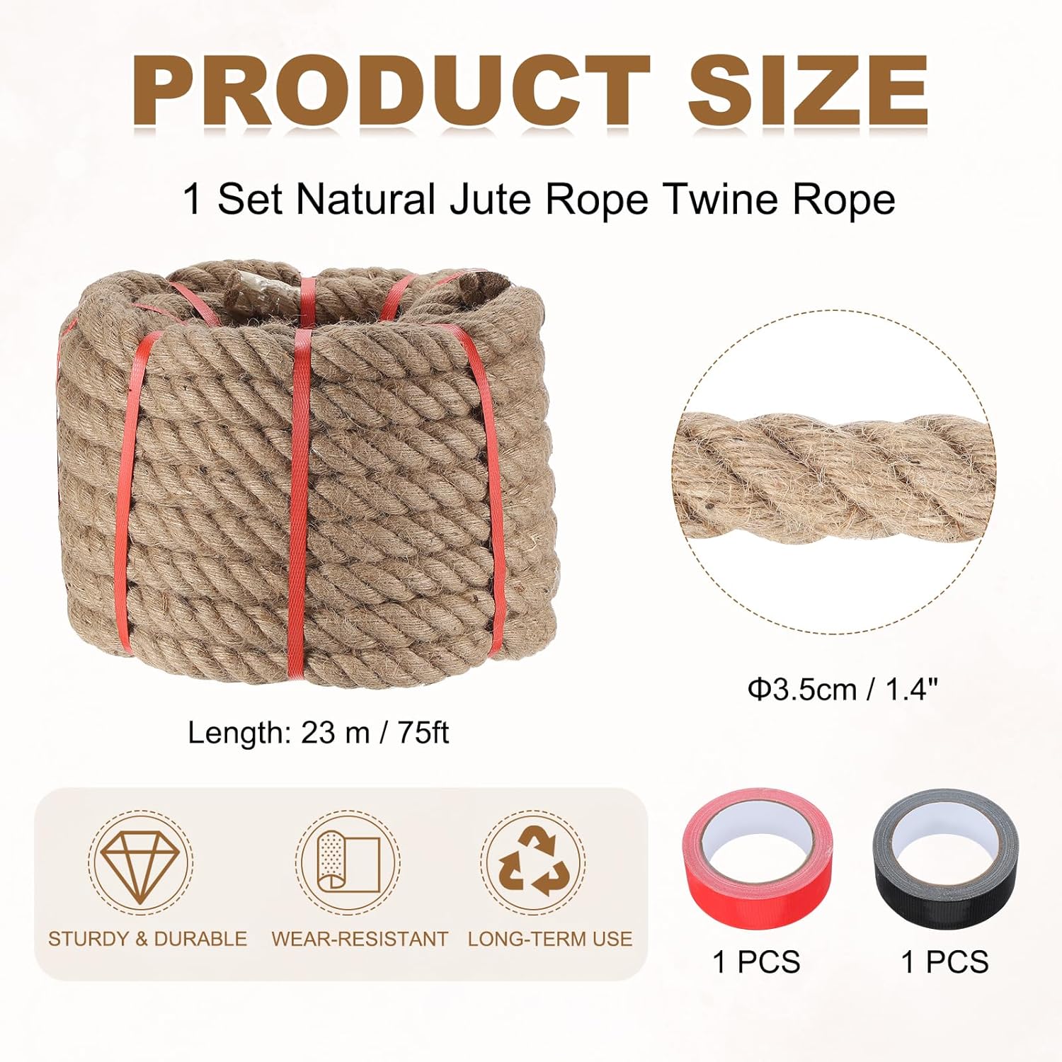 MECCANIXITY Jute Rope 1.4 Inch x 75ft, Thick Twine Rope Ropes Braided Jute Twine Natural Brown Burlap Cord String Heavy Twisted with Tapes for Decorative Crafts Railing Swing Tug of War-VerdiqueGarden