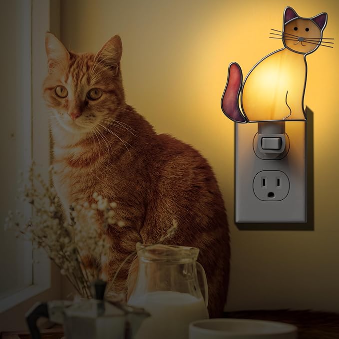 KY&BOSAM Cat Night Light Stained Glass Yellow Plug in Nightlight Decorative Wall Night Lights 7 Watt Bulb Accent Lite Night Memorial Gifts Pet Lost Sympathy Thoughtful Dogs and Cats Remembrance Decor-VerdiqueGarden