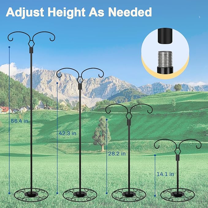 Liitrton 62.6 Inch Shepherds Hooks for Outdoor, Adjustbale Double Shepherds Hooks Hummingbird Feeder Stand Bird Feeder Pole Wind Chime Stand with Round Base, 4 Prongs Base and Water Weight Bag-VerdiqueGarden
