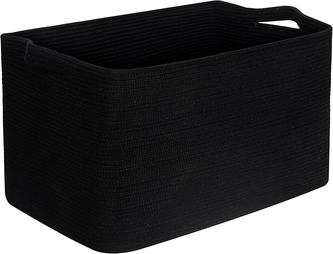 MINTWOOD Design 22in Extra Large Blanket Basket Holder Living Room, Rectangle Rope Woven Storage Basket with Handles for Laundry, Pool Towels, and Shoes, Dog Toy Organizer Bin Box, Full Black-VerdiqueGarden
