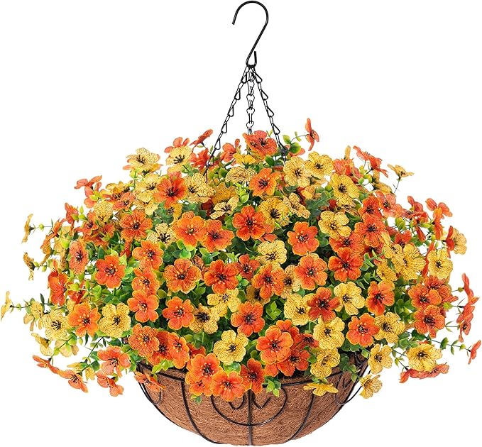 Artificial Fake Hanging Mums Plants Flowers Basket for Fall Autumn Outdoor Decor, Faux Silk Orange Dasiy Flower Look Real UV Resistant for Outside Porch Home Patio Garden Decoration-VerdiqueGarden