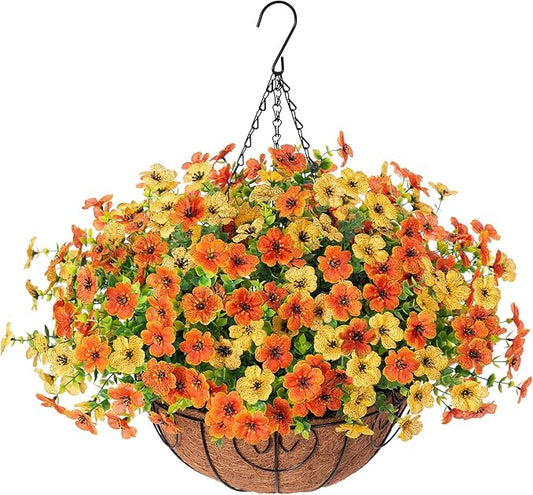 Artificial Fake Hanging Mums Plants Flowers Basket for Fall Autumn Outdoor Decor, Faux Silk Orange Dasiy Flower Look Real UV Resistant for Outside Porch Home Patio Garden Decoration-VerdiqueGarden