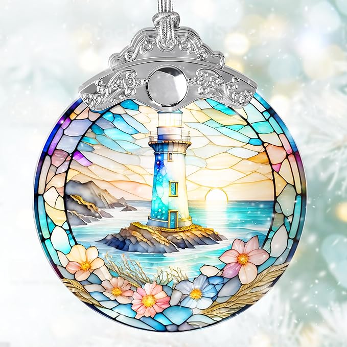 Stained Glass Suncatcher, Jocidea Lighthouse Ornament, Christmas Ornaments, Holidays Ornaments, Christmas Tree Decor, Lighthouse Decor for Home, Lighthouse Gifts-VerdiqueGarden