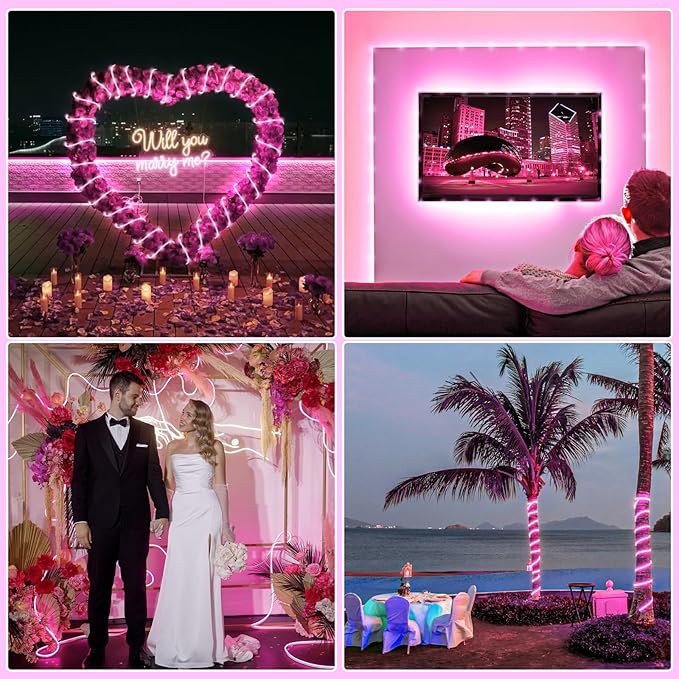 Rope Lights for Outside, 66FT 200 LED String Lights Outdoor with Waterproof 8 Modes, Flexible and Connectable Plug in Fairy Light for Indoor Patio Pool Garden Party Wedding Decorations, Pink-VerdiqueGarden