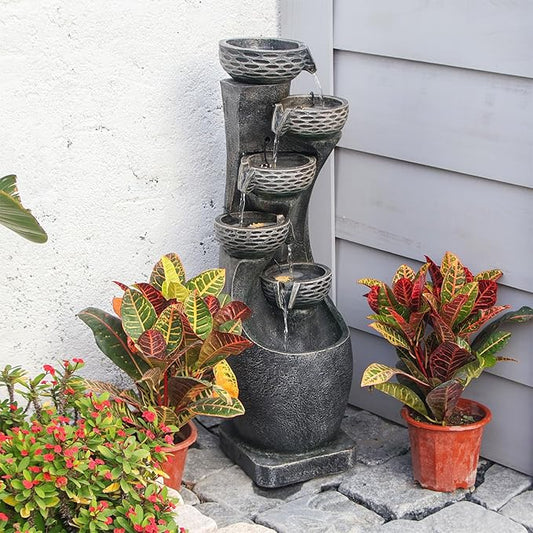 35.83''H Indoor Outdoor Modern Water Fountain 6-Tiers Garden Cascading Fountains Curve Shape Floor Standing Waterfall Water Feature with LED Light for Yard Deck Patio Home Art Decor-VerdiqueGarden