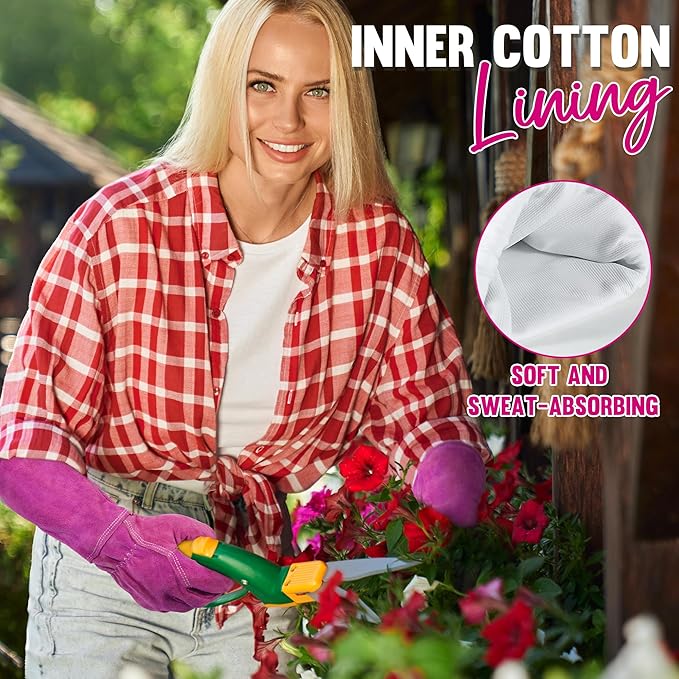 HANDLANDY Ladies Leather Gardening Gloves, Thorn Proof Women Rose Pruning Garden Yard Glove, Heavy Duty Long Sleeve Gloves (Small, Rosy)-VerdiqueGarden