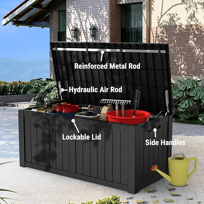 Mars Villa 119 Gallon Outdoor Storage Box Waterproof, Large Resin Deck Box for Pool Supplies Storage, Outdoor Patio Furniture Cushions, with Hydraulic Hinge, UV-Resistant and Weatherproof, Black-VerdiqueGarden
