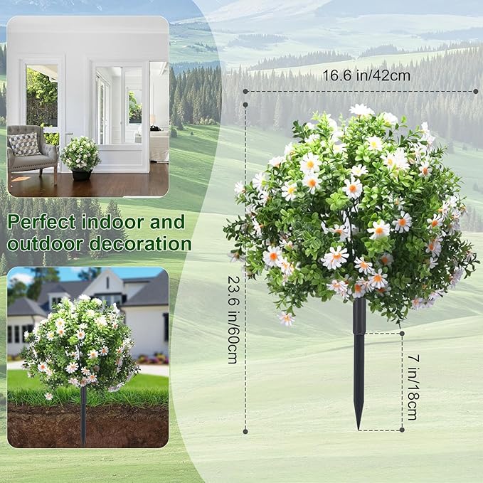 23.6" Artificial Boxwood Topiary Ball Trees with White Flowers, Set of 2 UV Resistant No Fade Outdoor Faux Plants with Ground Spike, Fake Shrubs for Garden, Patio, Porch, Yard, Indoor Decor-VerdiqueGarden