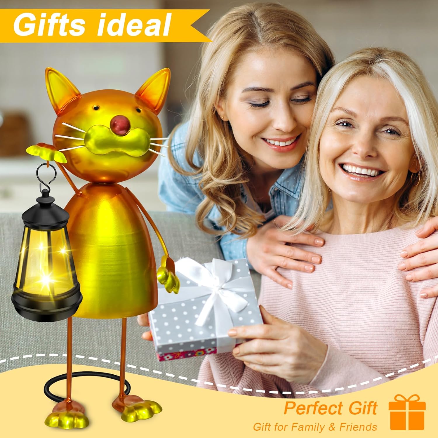 Solar Garden Decor Cat Statue with Solar Lights,13.78in Tall Metal Cat Figurines Decor,Birthday Gifts for Women Mom Grandma,Decorative Stakes for Yard Art Lawn Porch Patio Outside Decorations-VerdiqueGarden