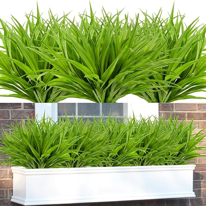 16Pcs Artificial Grass Fake Plants 17.3in 16 Leaves Outdoor Fake Grass UV Resistant Greenery Plastic Plants for Home Window Garden Patio Hanging Planter Pathway Front Porch Décor Green-VerdiqueGarden