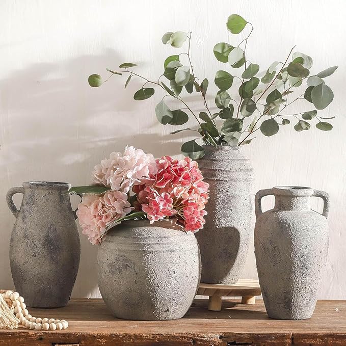 Large Ceramic Rustic Vase,11.3 inch Tall Farmhouse Flower Vase with 2 Handles for Home Decor, Living Room Entryway Table Centerpiece Decor-VerdiqueGarden
