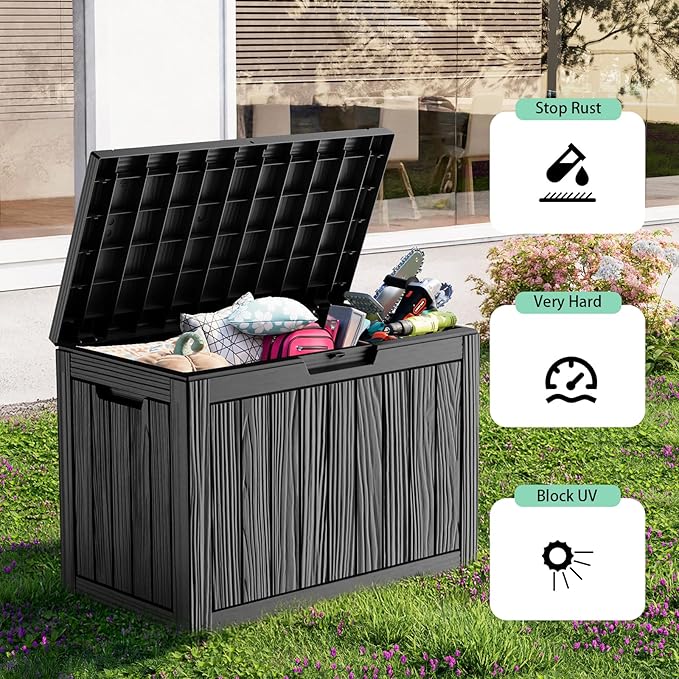 45 Gallon Resin Deck Box, Lockable Outdoor Storage Box for Patio Cushions Storage Furniture,Garden Tools, Pool Supplies, Weatherproof and UV Resistant（Black）-VerdiqueGarden