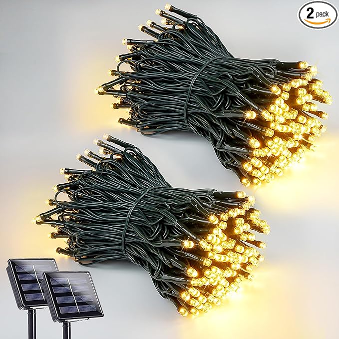 2 Pack 200 LED Solar String Lights for Outside, Solar Christmas Lights Outdoor Waterproof, Solar Outdoor String Light with 8 Lighting Modes for Xmas Tree Wedding Party Garden Decorations (Warm White)-VerdiqueGarden