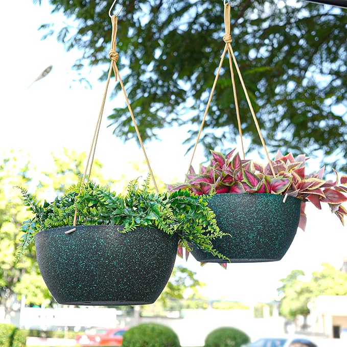 12 Inch 2 Pack Large Hanging Planters for Indoor Outdoor Plants, Plastic Hanging Basket Pots for House Plants Flowers, Black Speckles-VerdiqueGarden