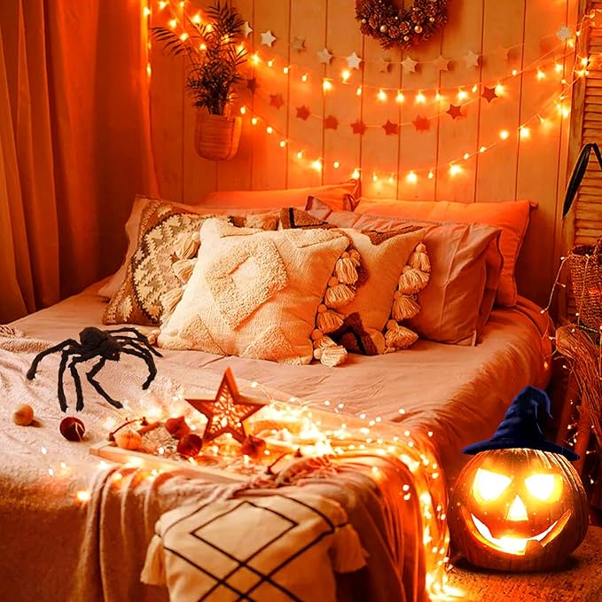 JMEXSUSS Connectable 33ft Halloween Lights Indoor, 100 LED Clear Wire Orange Lights for Halloween, 8 Modes Outdoor Orange Christmas String Light Plug in for Christmas Tree Party Decoration-VerdiqueGarden