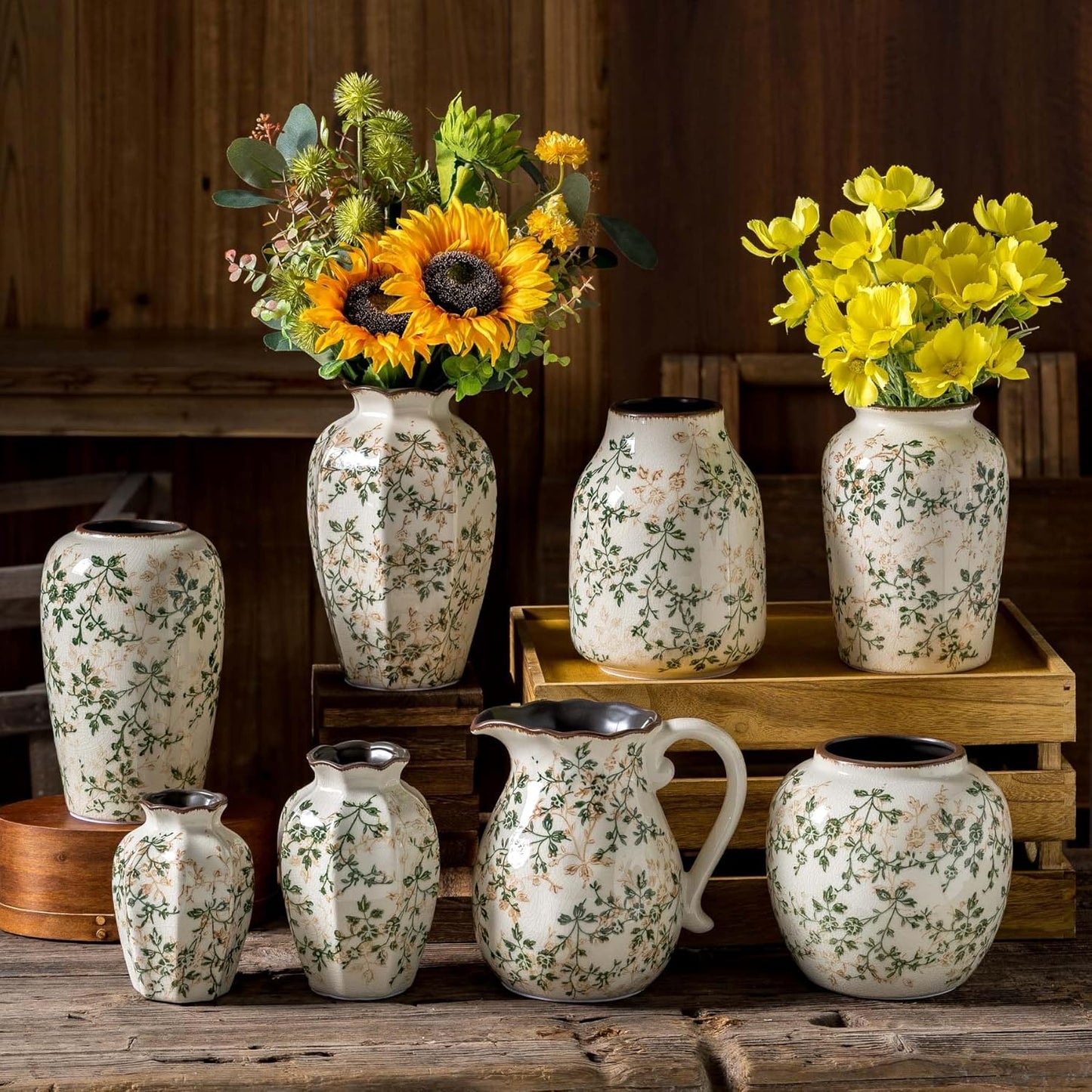 Vintage Pastoral Green and Beige Flower Vase, Ceramic Floral Vases, Retro Ice Cracked Chinoiserie Vase for Home Cottage Core Decor, Bookshelf, Office, Mantel, Wedding Rustic Table Centerpiece 8.5 Inch-VerdiqueGarden