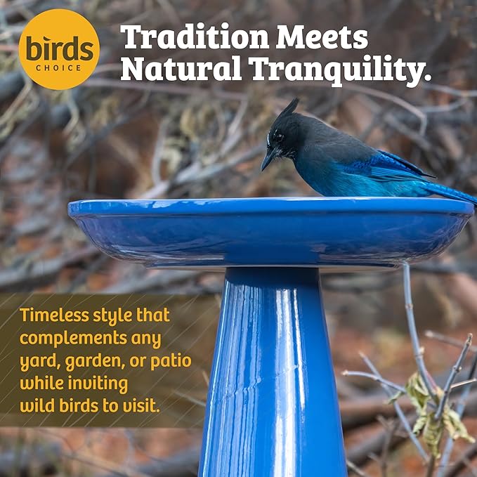 Birds Choice Ohio Stoneware Bird Bath | Pedestal Bird Bath, Stable Locking Top | Weather-Resistant Ceramic Clay, Glazed Finish | Outdoor Garden & Patio Decor | 22" H x 17" D, Summer Blue-VerdiqueGarden