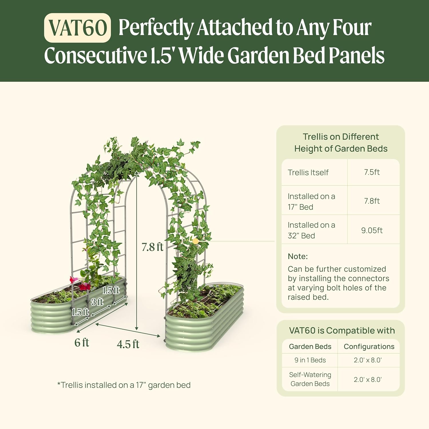 Vego Garden Modular Arched Trellis System Triple Section 6.0' Long Trellis for 2.0' x 8.0' (9 in 1) Garden Bed-VerdiqueGarden