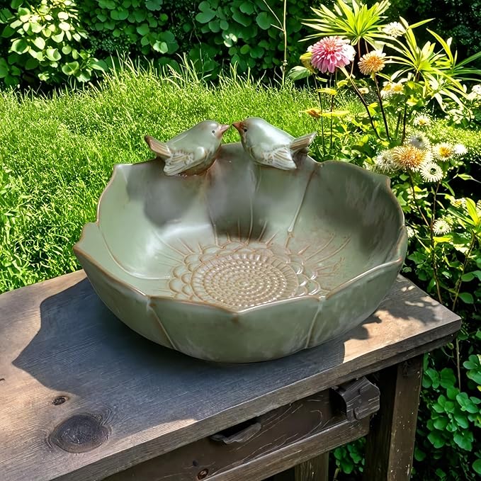 Bird Bath for Outside on Ground, 10 in Ceramic Birds Bath Bowl, Handmade Ground Bird Feeders and birdbath for Outdoors for Outdoors, Garden, Tabletop, Balcony and Lawn (Big - deep)-VerdiqueGarden