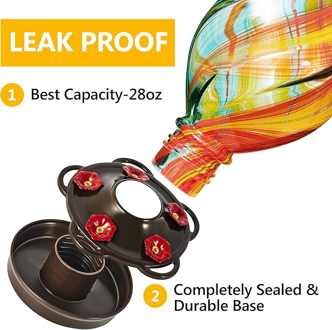 LUJII Ice Cream Shaped Spiral Hummingbird Feeder for Outdoors Hanging, Hand Blown Glass, 28 fl.oz, Leak Proof & Rustproof, Includes an Ant Moat, Unique Garden, Outside & Backyard Decor (Ribbon)-VerdiqueGarden