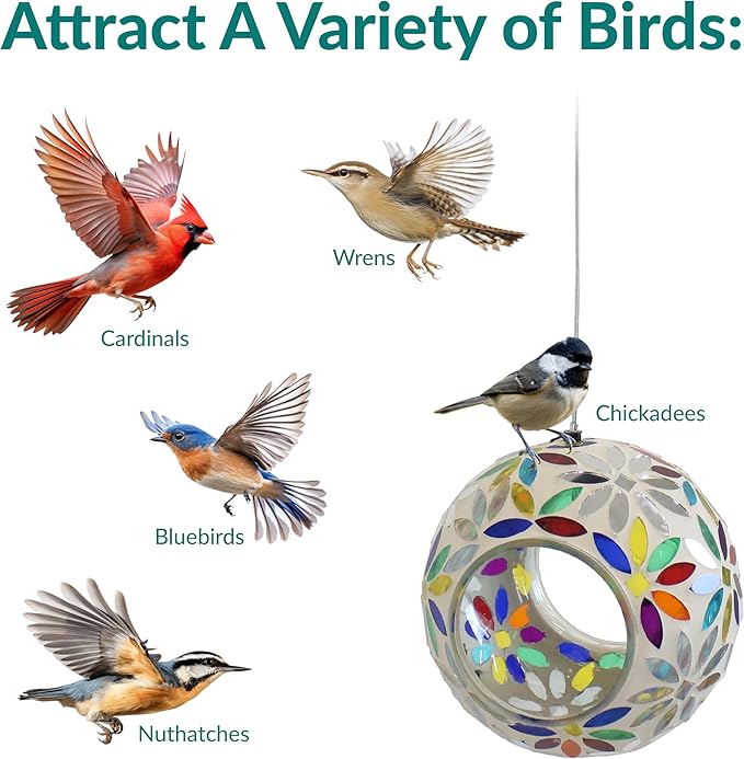 Sunnydaze 6-Inch Glass Mosaic Hanging Bird Feeder for Outdoors - Fly-Through Wild Bird Feeder - Rainbow Daisies-VerdiqueGarden