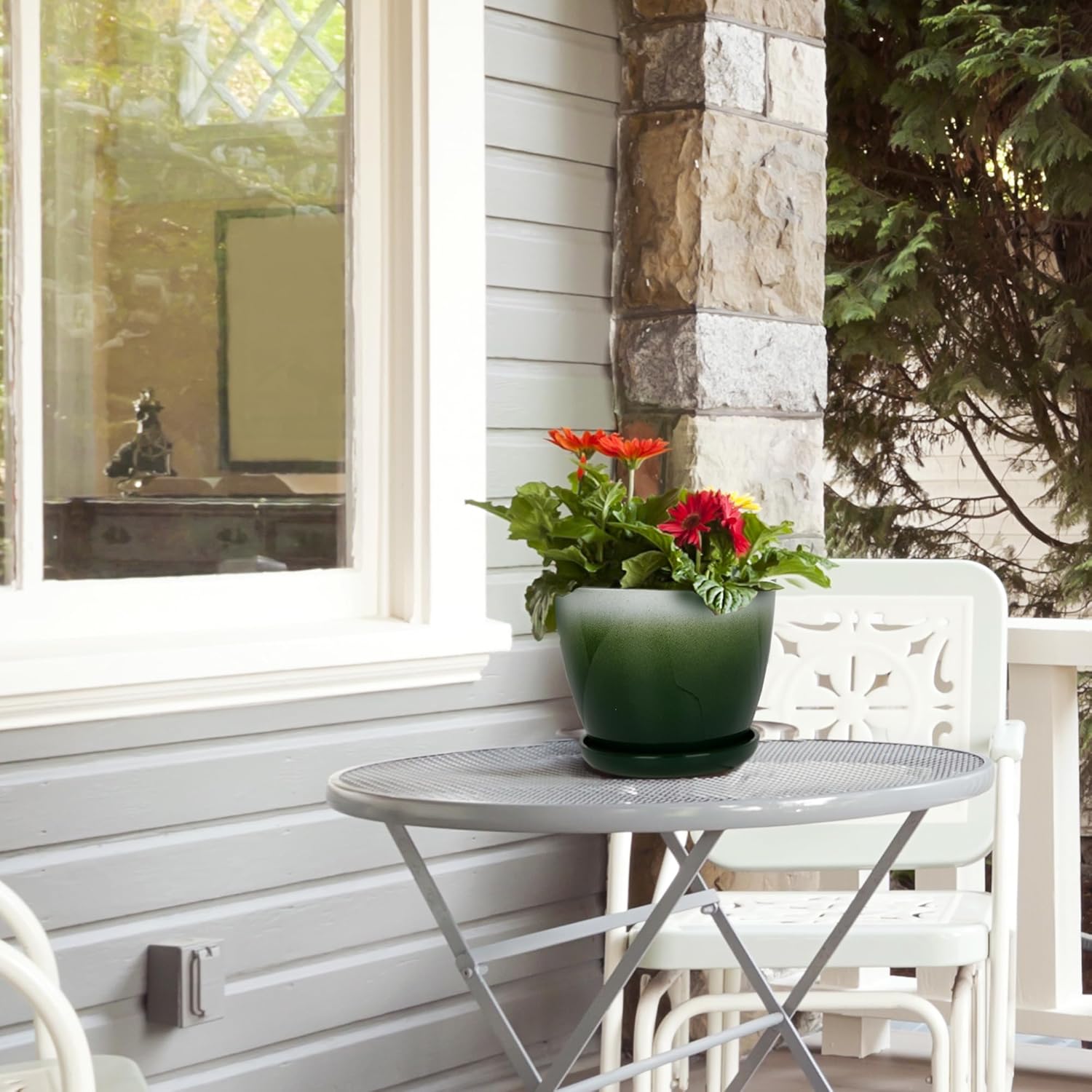 Worth Garden Plastic Round 8" Plant Pots - Set of 6 Multicolor Small Gloss Flower Pot Planters with Drainage Hole and Saucer - Home Decorative Christmas Containers-VerdiqueGarden