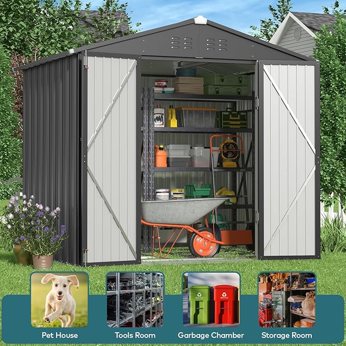 Gizoon Outdoor Storage Shed 8 x 6 FT, Galvanized Metal Garden Shed with Double Lockable Doors, Outdoor Storage Clearance for Backyard Patio Lawn-Dark Grey-VerdiqueGarden