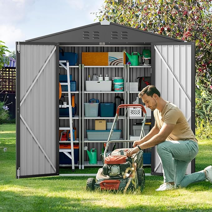 Gizoon Outdoor Storage Shed 6 x 4 FT, Galvanized Metal Garden Shed with Double Lockable Doors, Outdoor Storage Clearance for Backyard Patio Lawn-Dark Grey-VerdiqueGarden